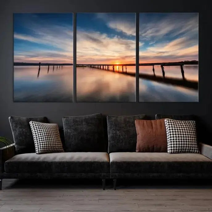 Wooden Pier on Seascape and Sunset Wall Art Canvas Print 