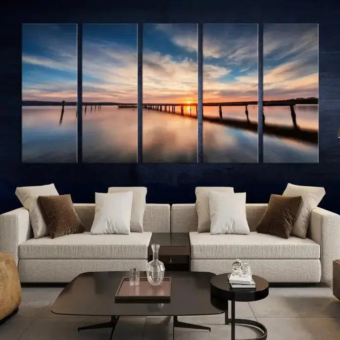 Wooden Pier on Seascape and Sunset Wall Art Canvas Print 