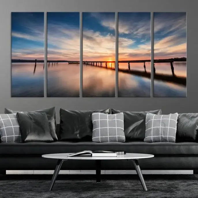 Wooden Pier on Seascape and Sunset Wall Art Canvas Print 