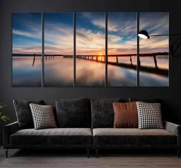 Wooden Pier on Seascape and Sunset Wall Art Canvas Print 