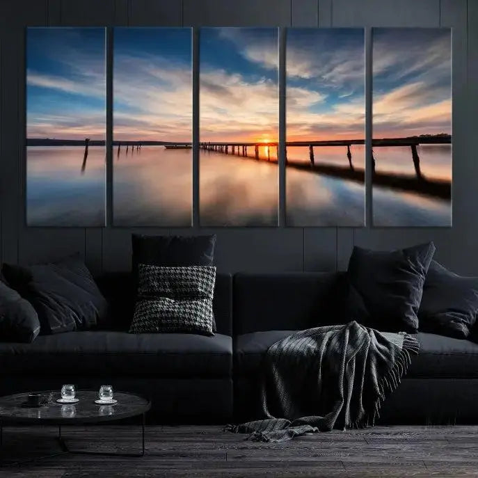 Wooden Pier on Seascape and Sunset Wall Art Canvas Print 