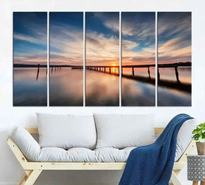 Wooden Pier on Seascape and Sunset Wall Art Canvas Print 