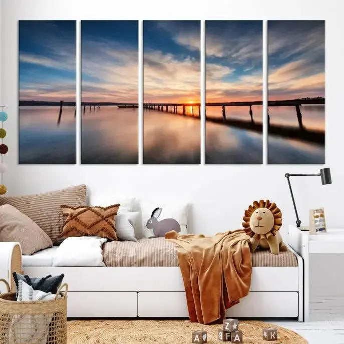 Wooden Pier on Seascape and Sunset Wall Art Canvas Print 