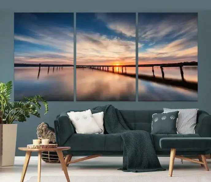 Wooden Pier on Seascape and Sunset Wall Art Canvas Print 