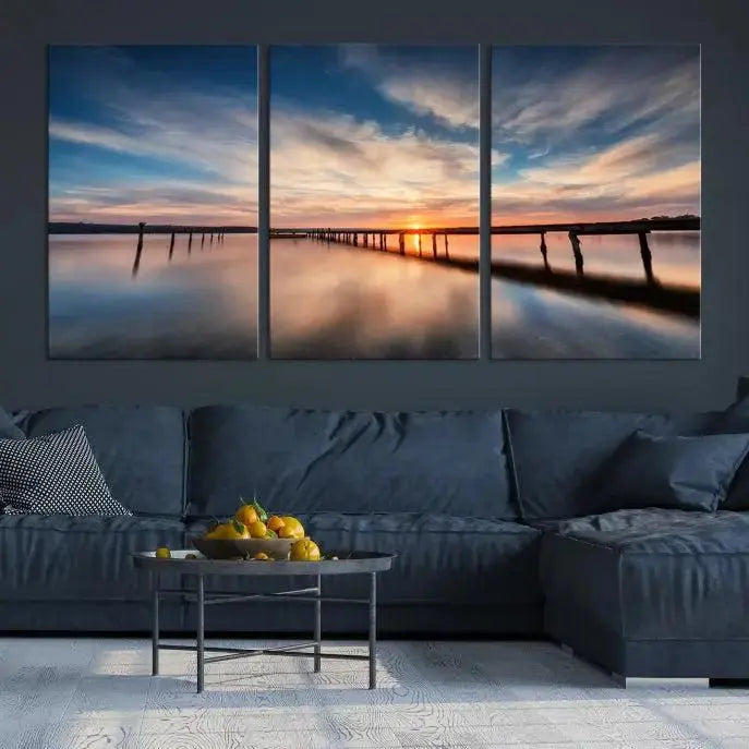 Wooden Pier on Seascape and Sunset Wall Art Canvas Print 