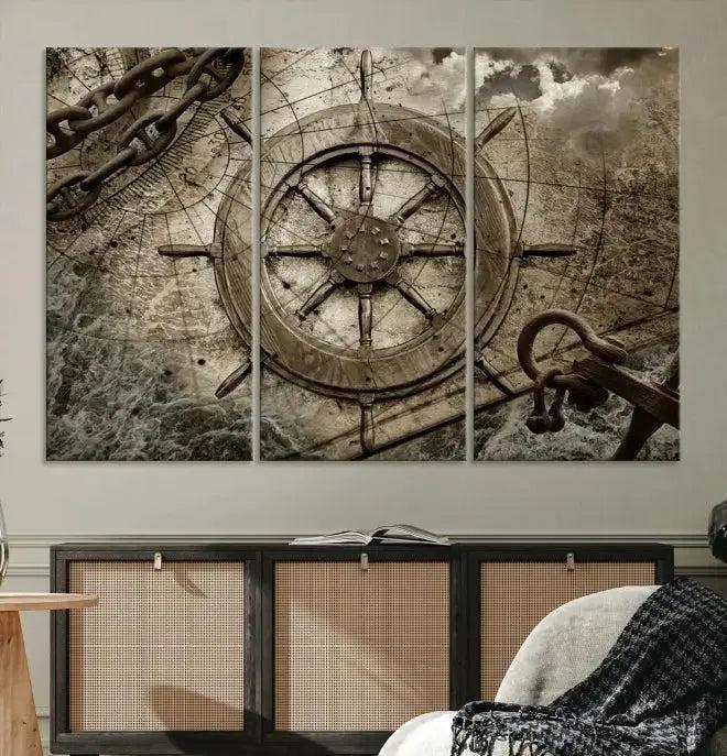 Wooden Ship Wheel Canvas Print, Multi Panel Canvas Wall Art Print
