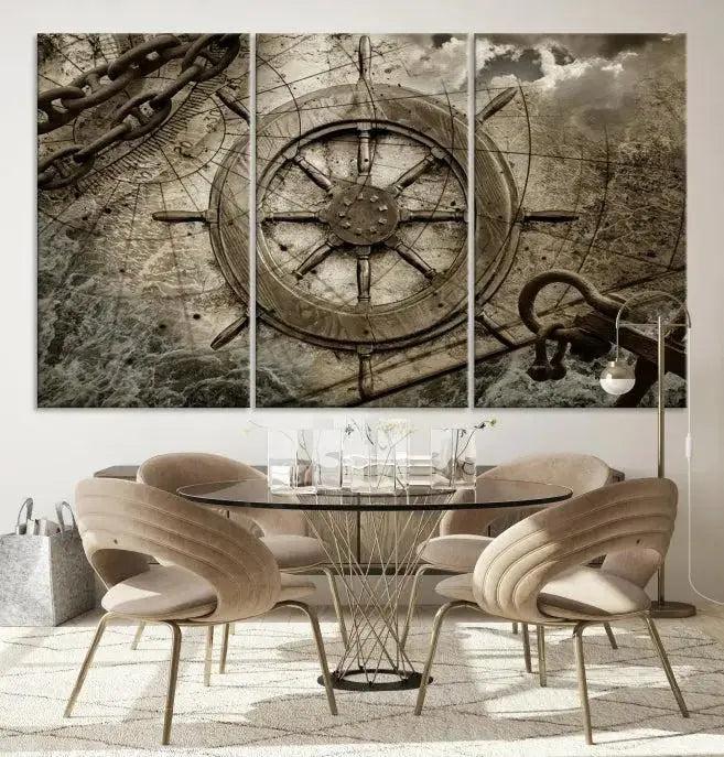 Wooden Ship Wheel Canvas Print, Multi Panel Canvas Wall Art Print