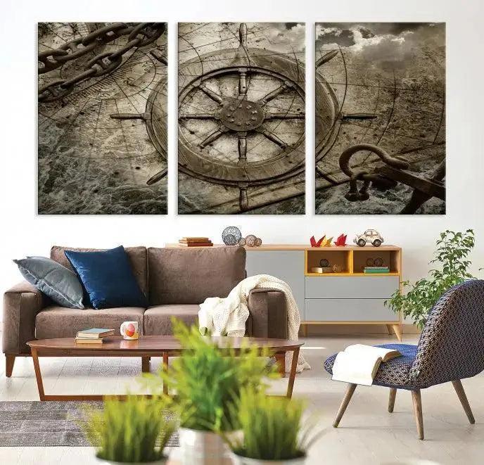 Wooden Ship Wheel Canvas Print, Multi Panel Canvas Wall Art Print