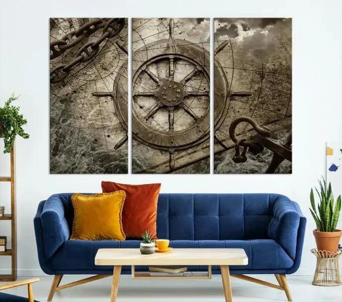 Wooden Ship Wheel Canvas Print, Multi Panel Canvas Wall Art Print