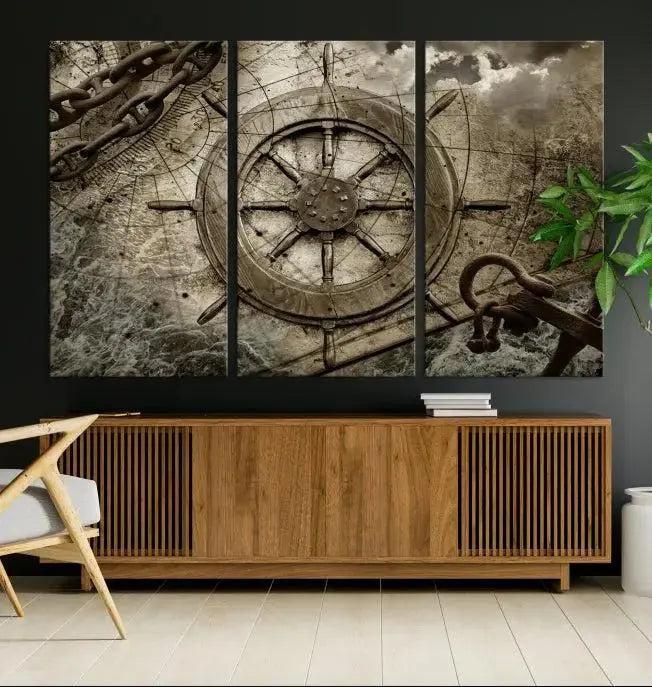 Wooden Ship Wheel Canvas Print, Multi Panel Canvas Wall Art Print