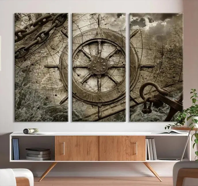 Enhance any space with sophistication by displaying the Wooden Ship Wheel Multi Panel Canvas Wall Art Print. Crafted on museum-quality canvas by professional craftsmen, this artwork features a ship's wheel and nautical map. Enjoy free shipping with your purchase.