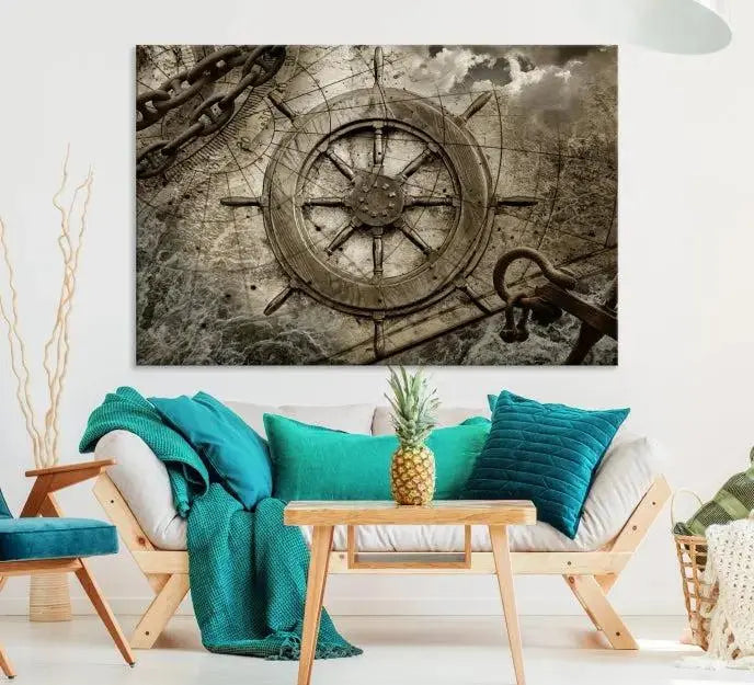 Enhance any space with sophistication by displaying the Wooden Ship Wheel Multi Panel Canvas Wall Art Print. Crafted on museum-quality canvas by professional craftsmen, this artwork features a ship's wheel and nautical map. Enjoy free shipping with your purchase.