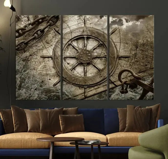 Enhance any space with sophistication by displaying the Wooden Ship Wheel Multi Panel Canvas Wall Art Print. Crafted on museum-quality canvas by professional craftsmen, this artwork features a ship's wheel and nautical map. Enjoy free shipping with your purchase.