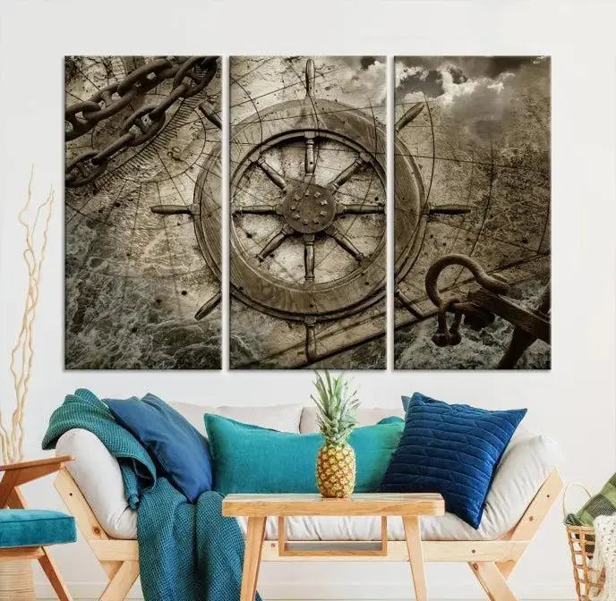 Enhance any space with sophistication by displaying the Wooden Ship Wheel Multi Panel Canvas Wall Art Print. Crafted on museum-quality canvas by professional craftsmen, this artwork features a ship's wheel and nautical map. Enjoy free shipping with your purchase.