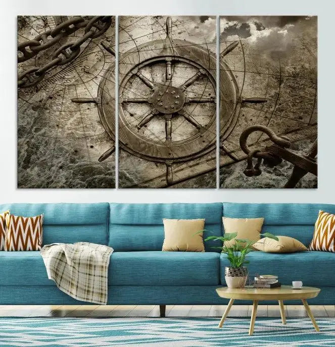 Enhance any space with sophistication by displaying the Wooden Ship Wheel Multi Panel Canvas Wall Art Print. Crafted on museum-quality canvas by professional craftsmen, this artwork features a ship's wheel and nautical map. Enjoy free shipping with your purchase.