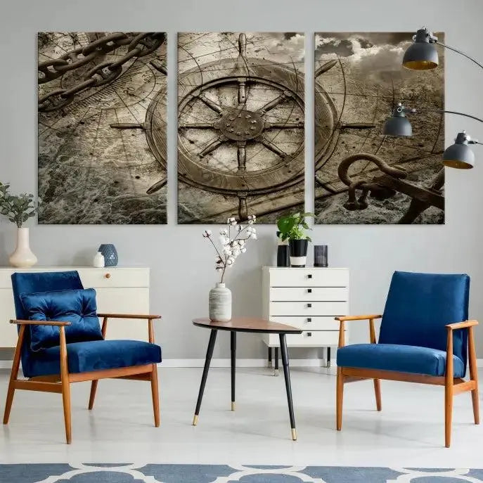 Enhance any space with sophistication by displaying the Wooden Ship Wheel Multi Panel Canvas Wall Art Print. Crafted on museum-quality canvas by professional craftsmen, this artwork features a ship's wheel and nautical map. Enjoy free shipping with your purchase.