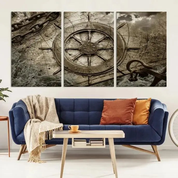 Enhance any space with sophistication by displaying the Wooden Ship Wheel Multi Panel Canvas Wall Art Print. Crafted on museum-quality canvas by professional craftsmen, this artwork features a ship's wheel and nautical map. Enjoy free shipping with your purchase.