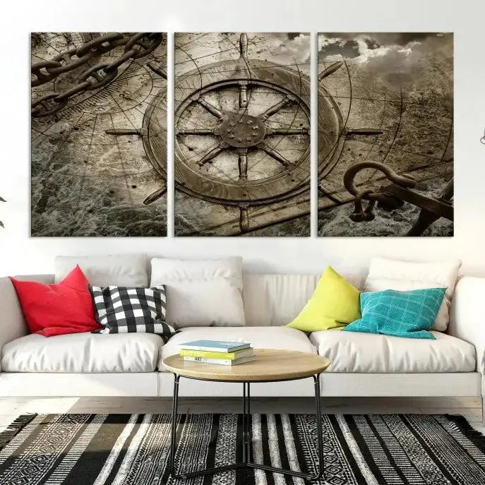 Enhance any space with sophistication by displaying the Wooden Ship Wheel Multi Panel Canvas Wall Art Print. Crafted on museum-quality canvas by professional craftsmen, this artwork features a ship's wheel and nautical map. Enjoy free shipping with your purchase.