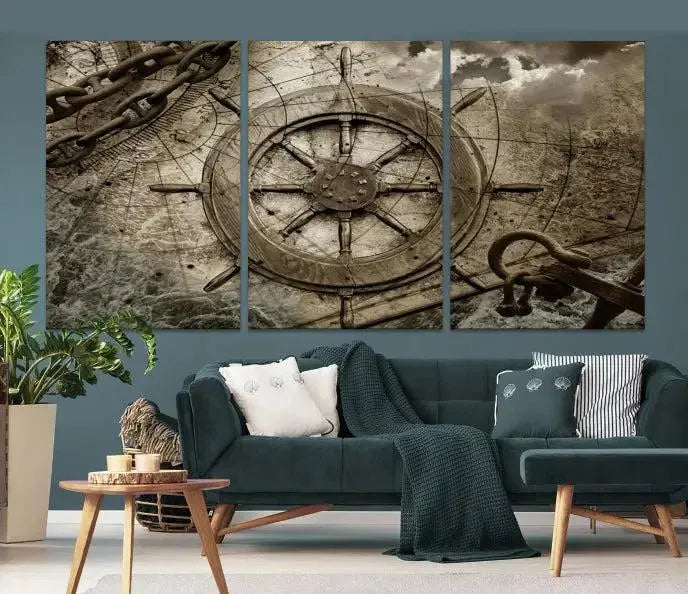 Enhance any space with sophistication by displaying the Wooden Ship Wheel Multi Panel Canvas Wall Art Print. Crafted on museum-quality canvas by professional craftsmen, this artwork features a ship's wheel and nautical map. Enjoy free shipping with your purchase.