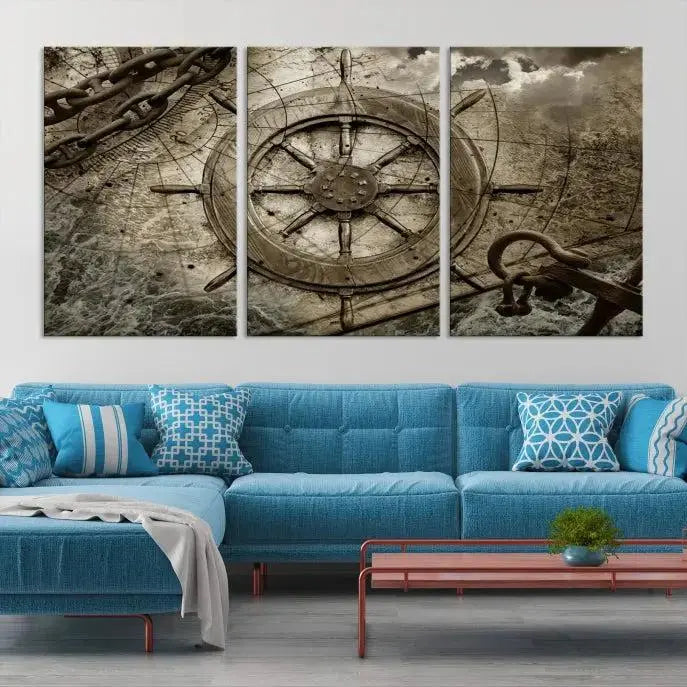 Enhance any space with sophistication by displaying the Wooden Ship Wheel Multi Panel Canvas Wall Art Print. Crafted on museum-quality canvas by professional craftsmen, this artwork features a ship's wheel and nautical map. Enjoy free shipping with your purchase.