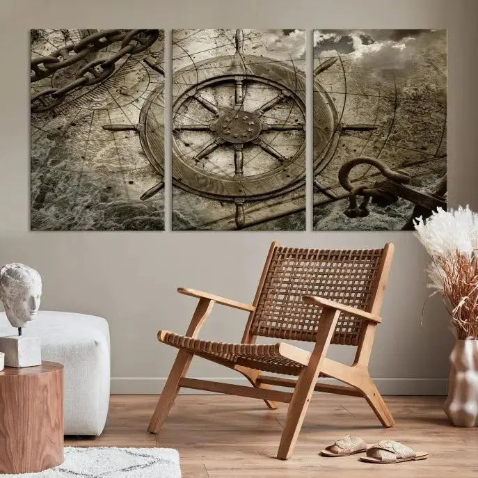 Enhance any space with sophistication by displaying the Wooden Ship Wheel Multi Panel Canvas Wall Art Print. Crafted on museum-quality canvas by professional craftsmen, this artwork features a ship's wheel and nautical map. Enjoy free shipping with your purchase.