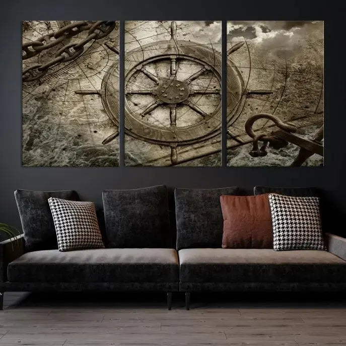 Enhance any space with sophistication by displaying the Wooden Ship Wheel Multi Panel Canvas Wall Art Print. Crafted on museum-quality canvas by professional craftsmen, this artwork features a ship's wheel and nautical map. Enjoy free shipping with your purchase.