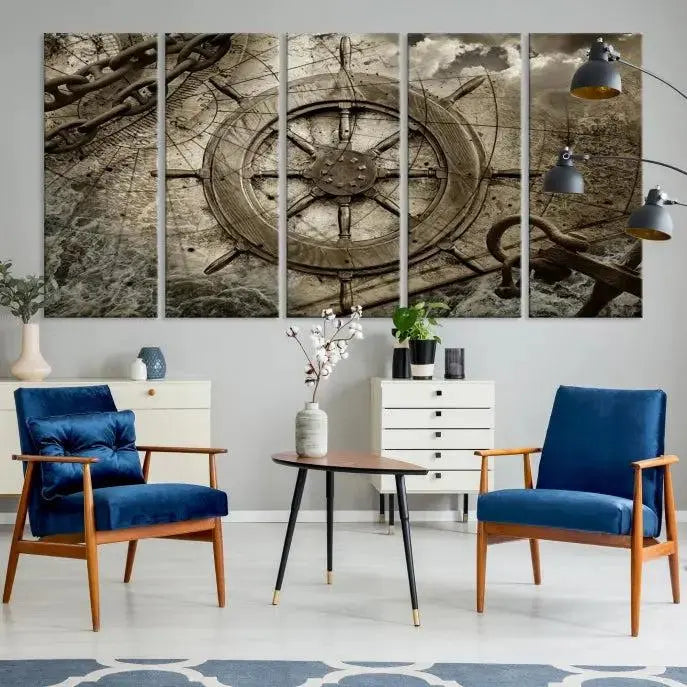 Enhance any space with sophistication by displaying the Wooden Ship Wheel Multi Panel Canvas Wall Art Print. Crafted on museum-quality canvas by professional craftsmen, this artwork features a ship's wheel and nautical map. Enjoy free shipping with your purchase.