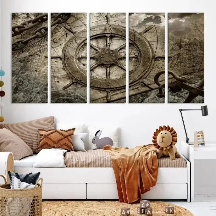 Enhance any space with sophistication by displaying the Wooden Ship Wheel Multi Panel Canvas Wall Art Print. Crafted on museum-quality canvas by professional craftsmen, this artwork features a ship's wheel and nautical map. Enjoy free shipping with your purchase.