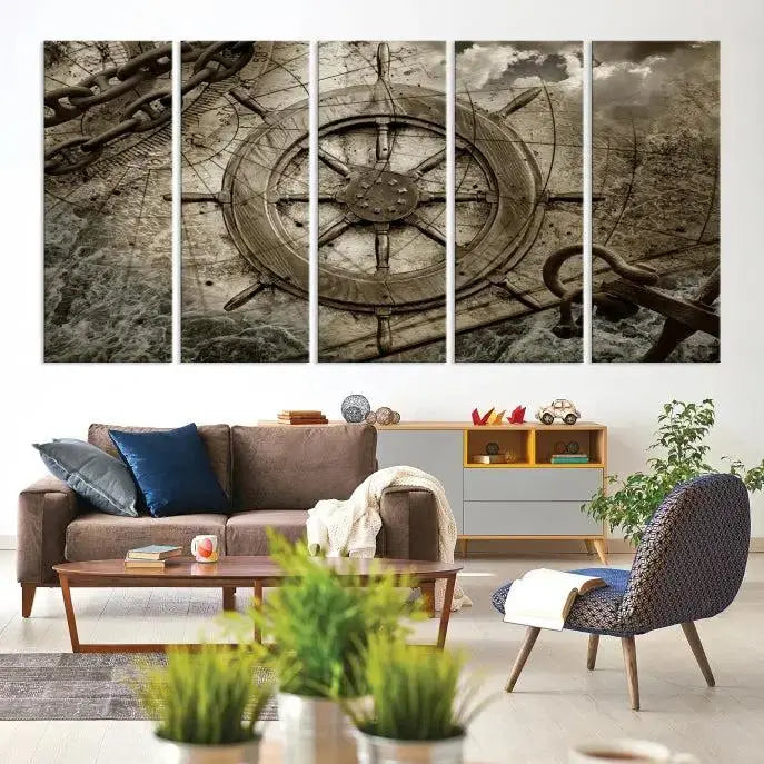 Enhance any space with sophistication by displaying the Wooden Ship Wheel Multi Panel Canvas Wall Art Print. Crafted on museum-quality canvas by professional craftsmen, this artwork features a ship's wheel and nautical map. Enjoy free shipping with your purchase.