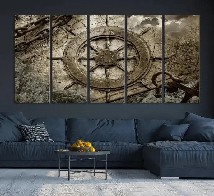 Enhance any space with sophistication by displaying the Wooden Ship Wheel Multi Panel Canvas Wall Art Print. Crafted on museum-quality canvas by professional craftsmen, this artwork features a ship's wheel and nautical map. Enjoy free shipping with your purchase.