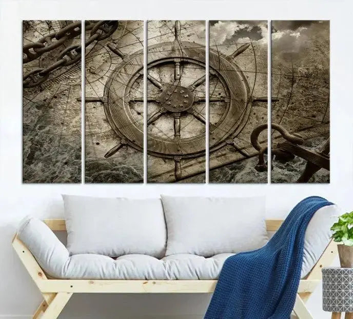 Enhance any space with sophistication by displaying the Wooden Ship Wheel Multi Panel Canvas Wall Art Print. Crafted on museum-quality canvas by professional craftsmen, this artwork features a ship's wheel and nautical map. Enjoy free shipping with your purchase.