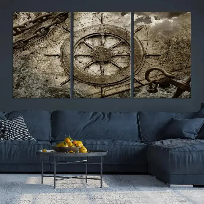 Enhance any space with sophistication by displaying the Wooden Ship Wheel Multi Panel Canvas Wall Art Print. Crafted on museum-quality canvas by professional craftsmen, this artwork features a ship's wheel and nautical map. Enjoy free shipping with your purchase.