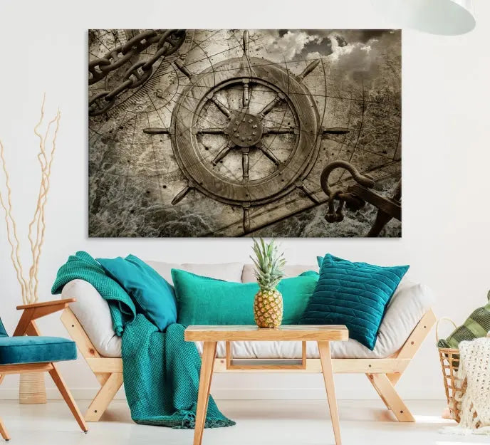 Enhance any space with sophistication by displaying the Wooden Ship Wheel Multi Panel Canvas Wall Art Print. Crafted on museum-quality canvas by professional craftsmen, this artwork features a ship's wheel and nautical map. Enjoy free shipping with your purchase.