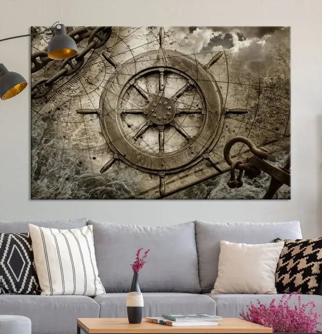 Enhance any space with sophistication by displaying the Wooden Ship Wheel Multi Panel Canvas Wall Art Print. Crafted on museum-quality canvas by professional craftsmen, this artwork features a ship's wheel and nautical map. Enjoy free shipping with your purchase.