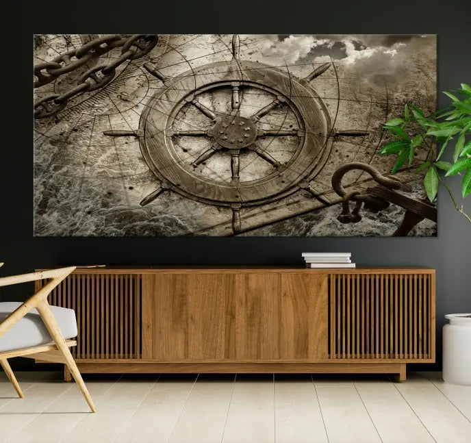 Enhance any space with sophistication by displaying the Wooden Ship Wheel Multi Panel Canvas Wall Art Print. Crafted on museum-quality canvas by professional craftsmen, this artwork features a ship's wheel and nautical map. Enjoy free shipping with your purchase.