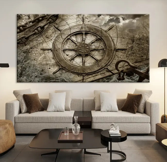 Enhance any space with sophistication by displaying the Wooden Ship Wheel Multi Panel Canvas Wall Art Print. Crafted on museum-quality canvas by professional craftsmen, this artwork features a ship's wheel and nautical map. Enjoy free shipping with your purchase.