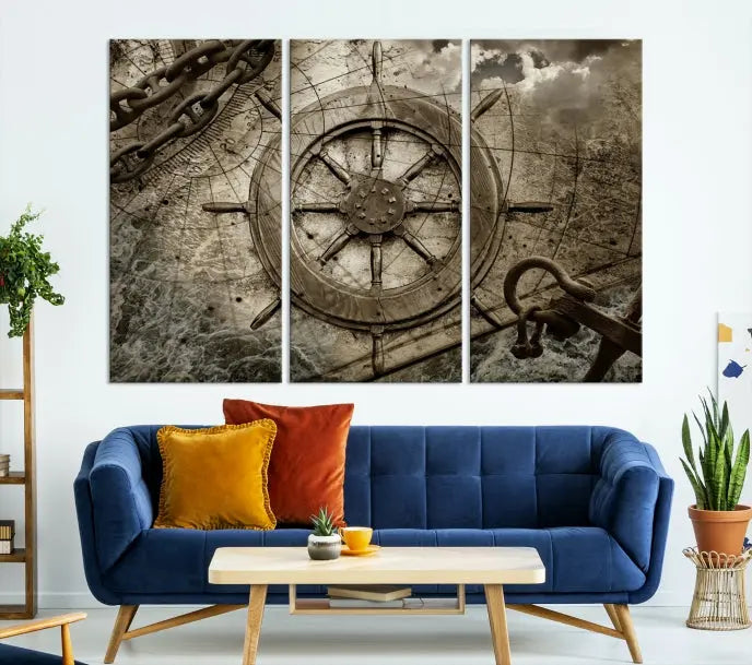 Enhance any space with sophistication by displaying the Wooden Ship Wheel Multi Panel Canvas Wall Art Print. Crafted on museum-quality canvas by professional craftsmen, this artwork features a ship's wheel and nautical map. Enjoy free shipping with your purchase.