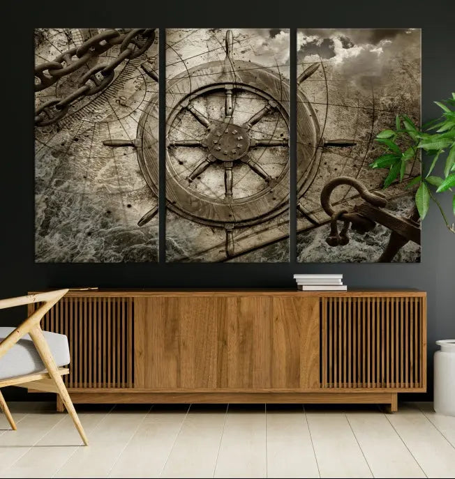 Enhance any space with sophistication by displaying the Wooden Ship Wheel Multi Panel Canvas Wall Art Print. Crafted on museum-quality canvas by professional craftsmen, this artwork features a ship's wheel and nautical map. Enjoy free shipping with your purchase.