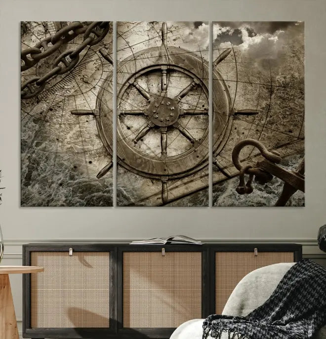 Enhance any space with sophistication by displaying the Wooden Ship Wheel Multi Panel Canvas Wall Art Print. Crafted on museum-quality canvas by professional craftsmen, this artwork features a ship's wheel and nautical map. Enjoy free shipping with your purchase.