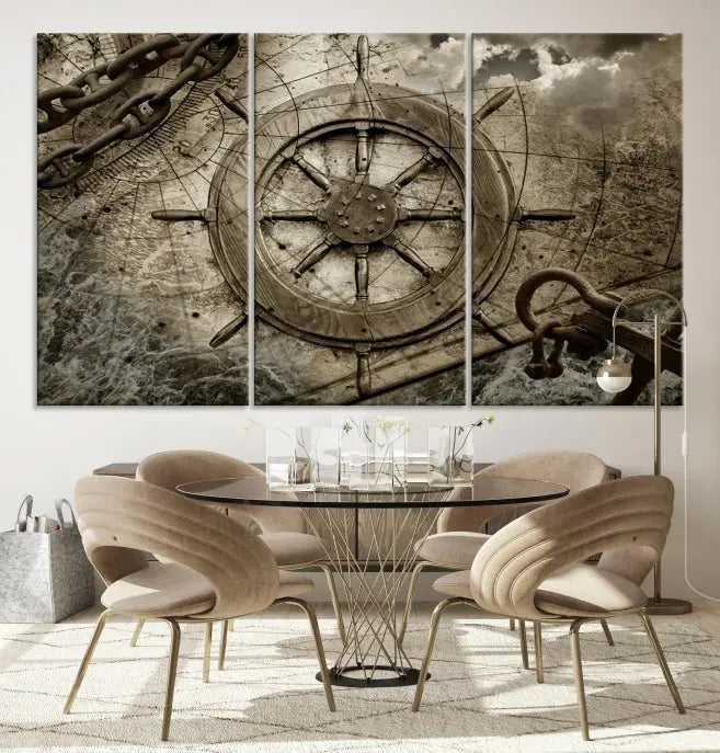 Enhance any space with sophistication by displaying the Wooden Ship Wheel Multi Panel Canvas Wall Art Print. Crafted on museum-quality canvas by professional craftsmen, this artwork features a ship's wheel and nautical map. Enjoy free shipping with your purchase.