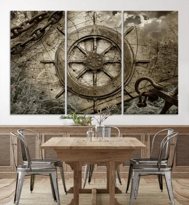 Enhance any space with sophistication by displaying the Wooden Ship Wheel Multi Panel Canvas Wall Art Print. Crafted on museum-quality canvas by professional craftsmen, this artwork features a ship's wheel and nautical map. Enjoy free shipping with your purchase.