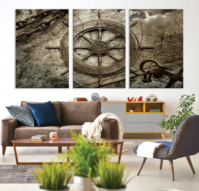 Enhance any space with sophistication by displaying the Wooden Ship Wheel Multi Panel Canvas Wall Art Print. Crafted on museum-quality canvas by professional craftsmen, this artwork features a ship's wheel and nautical map. Enjoy free shipping with your purchase.