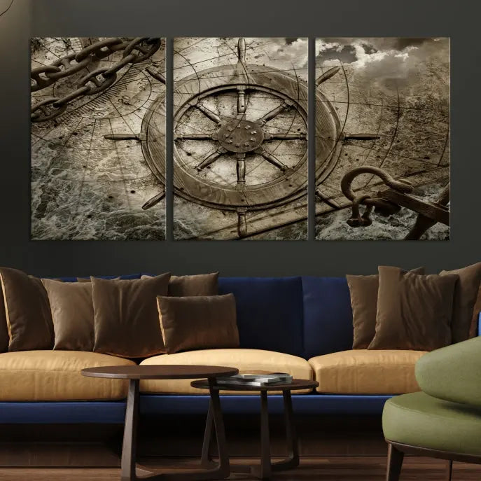 Enhance any space with sophistication by displaying the Wooden Ship Wheel Multi Panel Canvas Wall Art Print. Crafted on museum-quality canvas by professional craftsmen, this artwork features a ship's wheel and nautical map. Enjoy free shipping with your purchase.