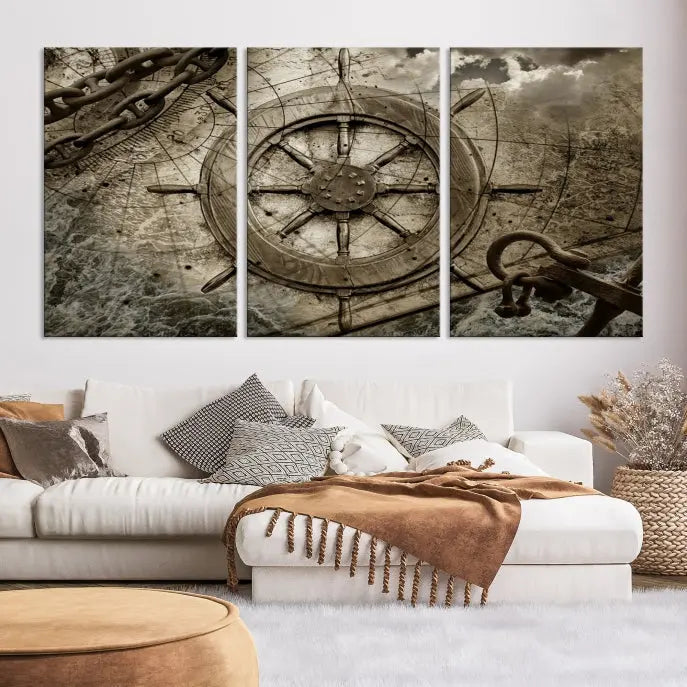 Enhance any space with sophistication by displaying the Wooden Ship Wheel Multi Panel Canvas Wall Art Print. Crafted on museum-quality canvas by professional craftsmen, this artwork features a ship's wheel and nautical map. Enjoy free shipping with your purchase.