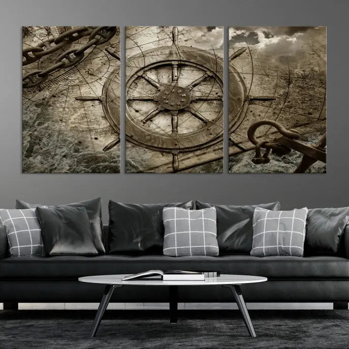 Enhance any space with sophistication by displaying the Wooden Ship Wheel Multi Panel Canvas Wall Art Print. Crafted on museum-quality canvas by professional craftsmen, this artwork features a ship's wheel and nautical map. Enjoy free shipping with your purchase.