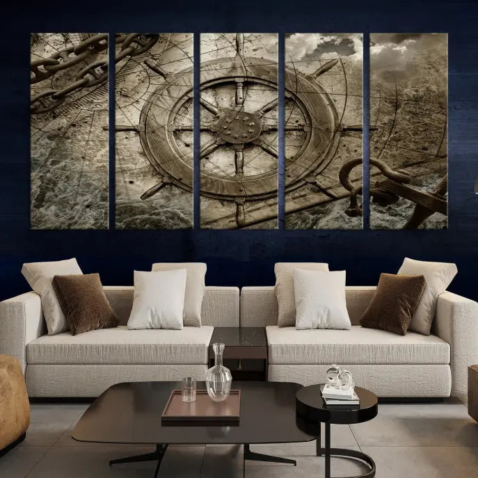 Enhance any space with sophistication by displaying the Wooden Ship Wheel Multi Panel Canvas Wall Art Print. Crafted on museum-quality canvas by professional craftsmen, this artwork features a ship's wheel and nautical map. Enjoy free shipping with your purchase.