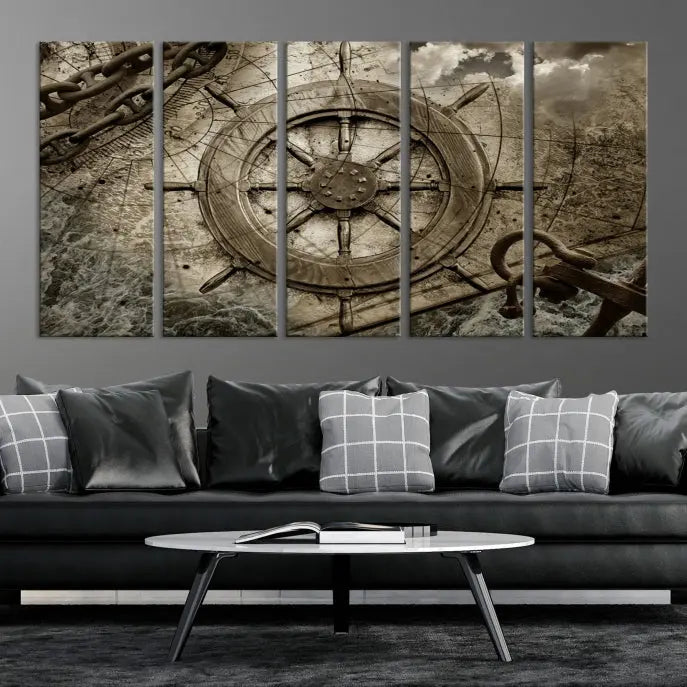 Enhance any space with sophistication by displaying the Wooden Ship Wheel Multi Panel Canvas Wall Art Print. Crafted on museum-quality canvas by professional craftsmen, this artwork features a ship's wheel and nautical map. Enjoy free shipping with your purchase.