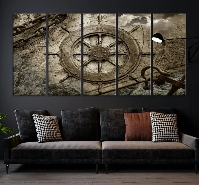 Enhance any space with sophistication by displaying the Wooden Ship Wheel Multi Panel Canvas Wall Art Print. Crafted on museum-quality canvas by professional craftsmen, this artwork features a ship's wheel and nautical map. Enjoy free shipping with your purchase.