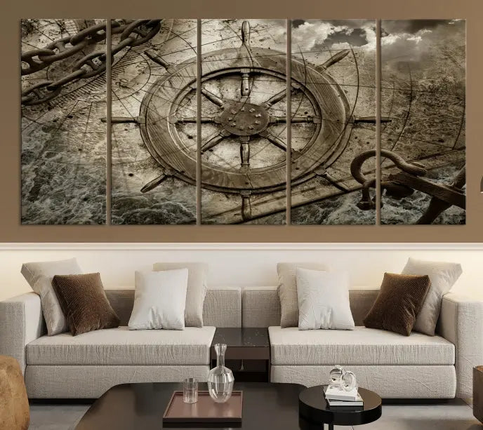 Enhance any space with sophistication by displaying the Wooden Ship Wheel Multi Panel Canvas Wall Art Print. Crafted on museum-quality canvas by professional craftsmen, this artwork features a ship's wheel and nautical map. Enjoy free shipping with your purchase.