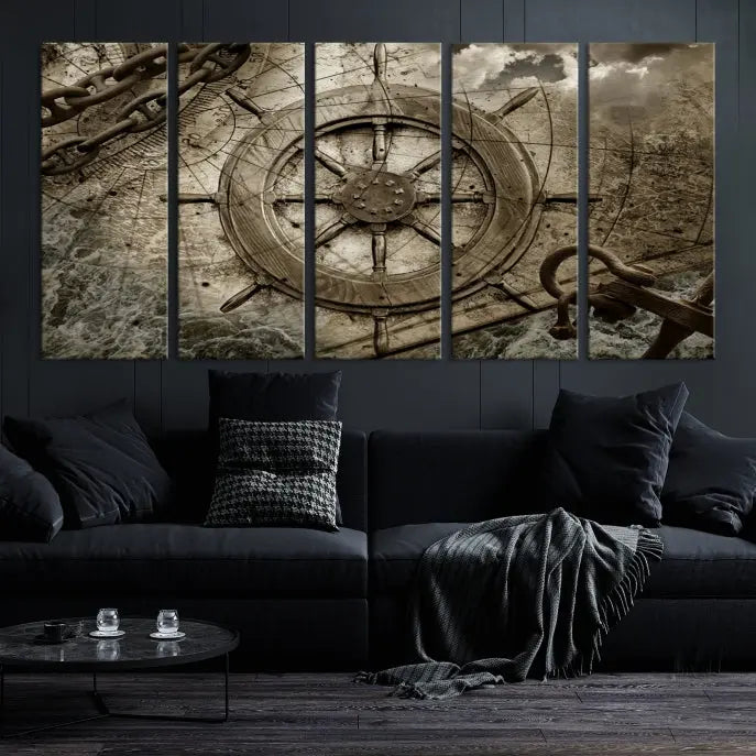 Enhance any space with sophistication by displaying the Wooden Ship Wheel Multi Panel Canvas Wall Art Print. Crafted on museum-quality canvas by professional craftsmen, this artwork features a ship's wheel and nautical map. Enjoy free shipping with your purchase.